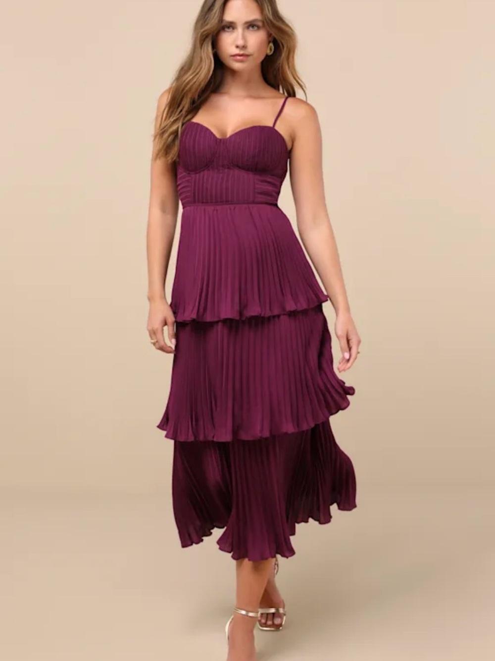 NWT Lulus Women's Plum Tiered Pleated Bustier Midi Dress Small